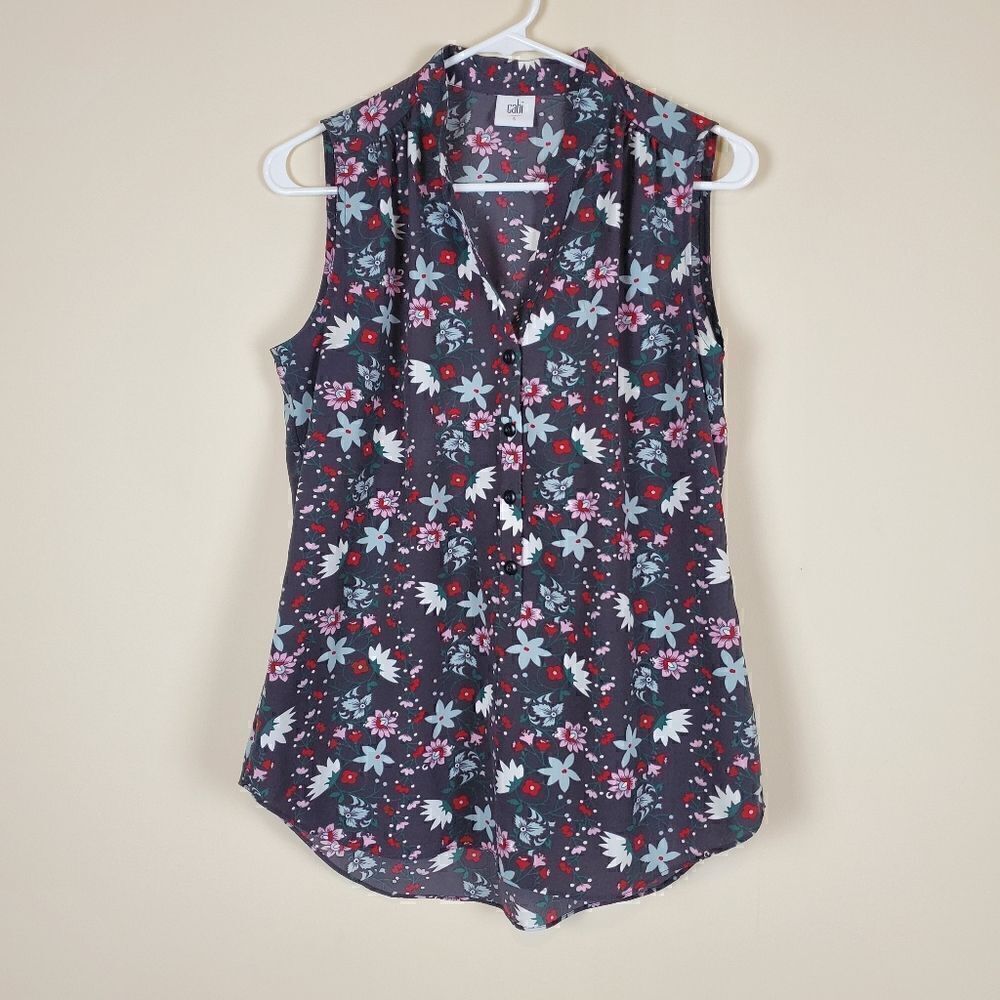 CAbi Plaza Gray Floral Henley Sleeveless Blouse Size Small